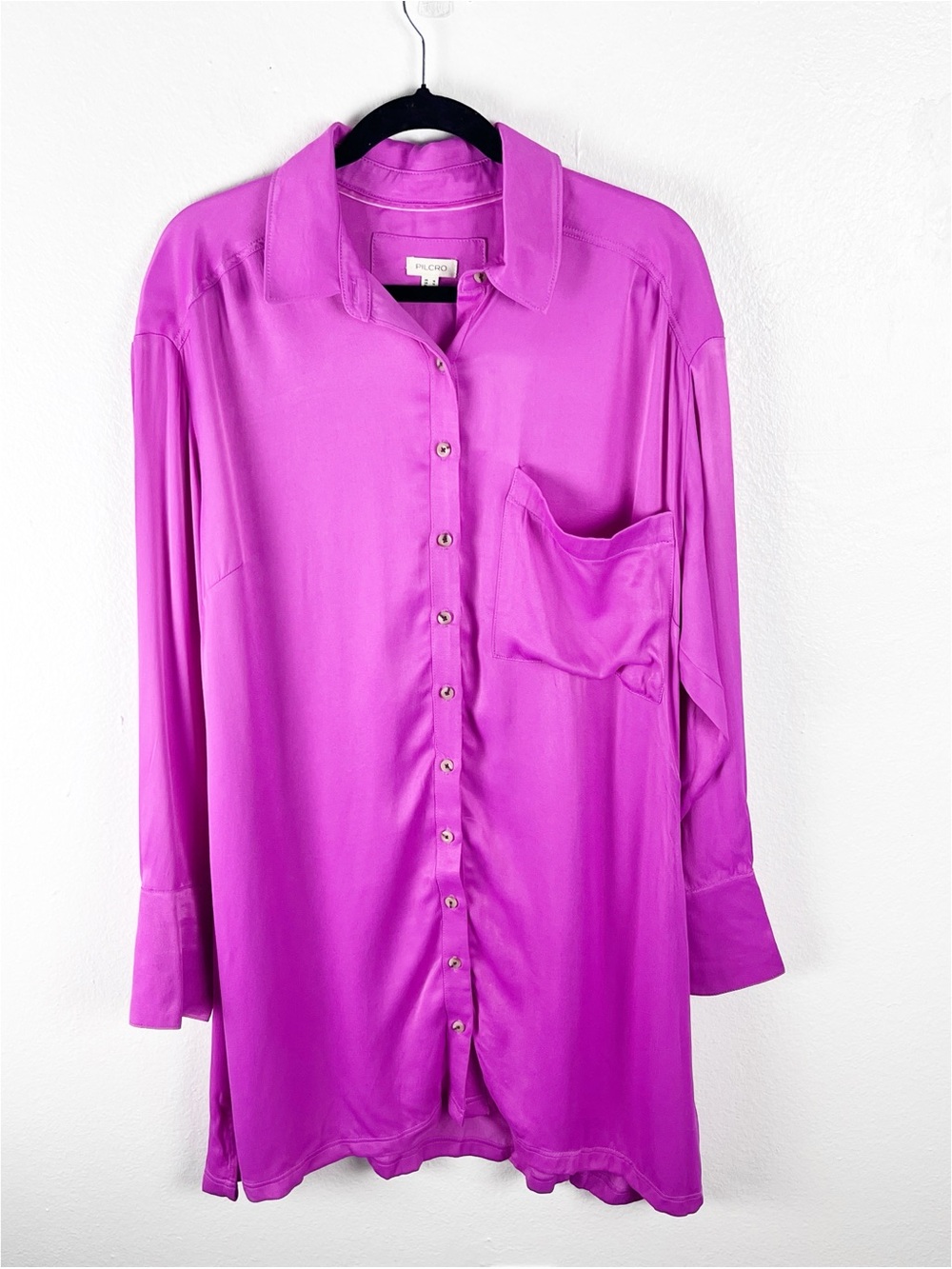 ANTHROPOLOGIE PILCRO Pink Cuff Sleeves Chest Pocket Button Front Shirt Dress 14